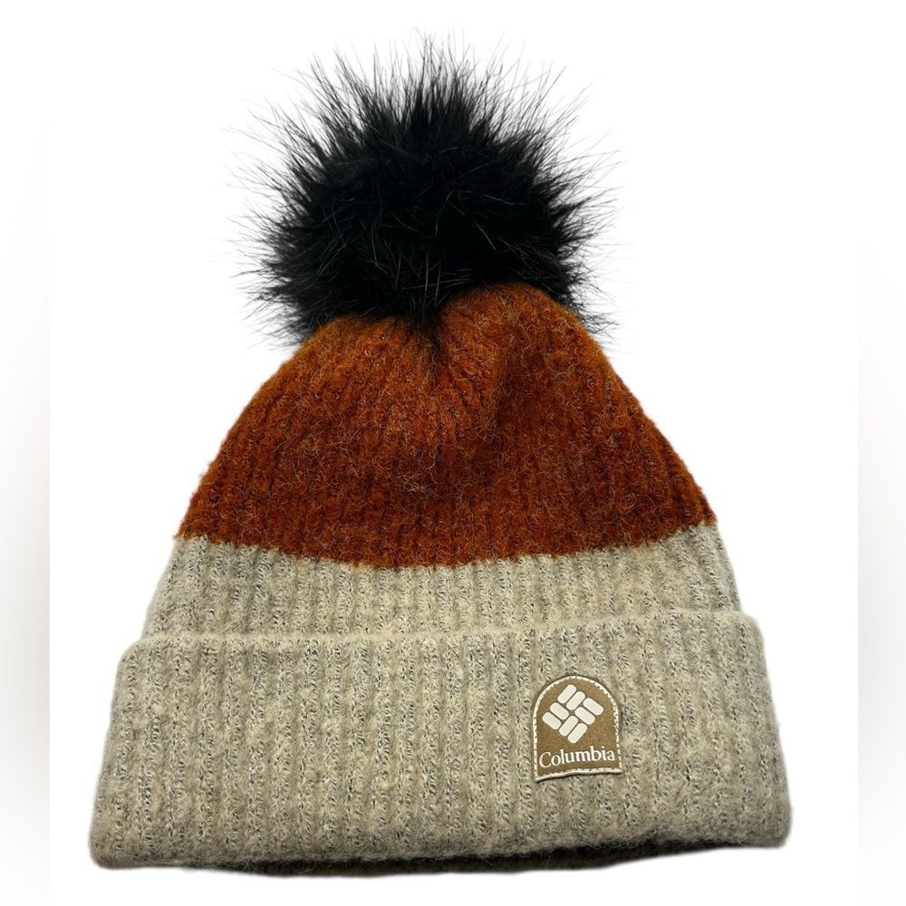 Columbia City Limits Pom Beanie Gray Burnt Orange Black Faux Fur